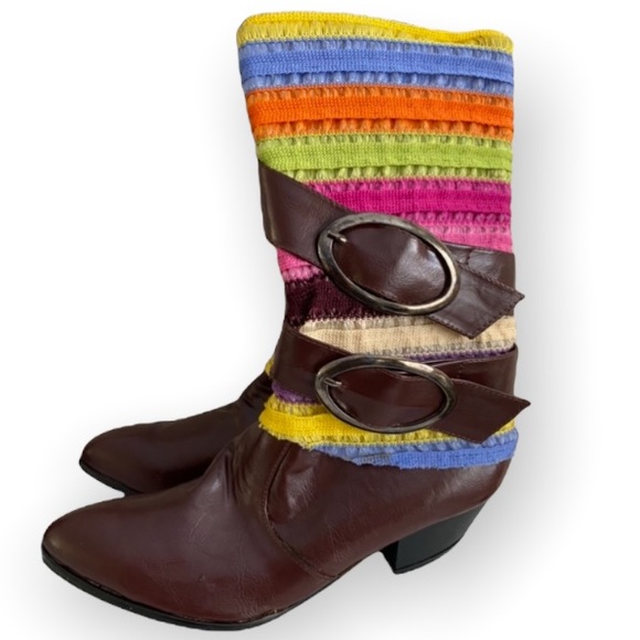 Firenze Style in Italy  boots brown with multi color fabric lace Adornment Sz 40 - Picture 1 of 9